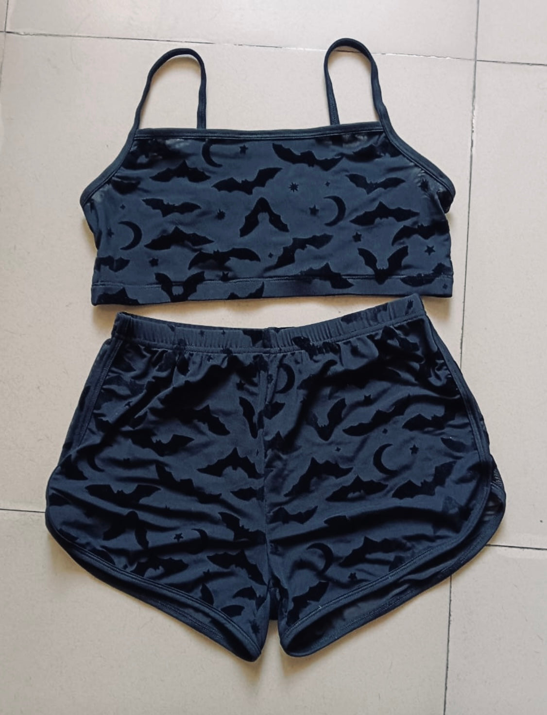 The Sinister Set - BATS - Sheer Velvet Flocked Bat Bra & Shorts Set - READY To SHIP -  - 