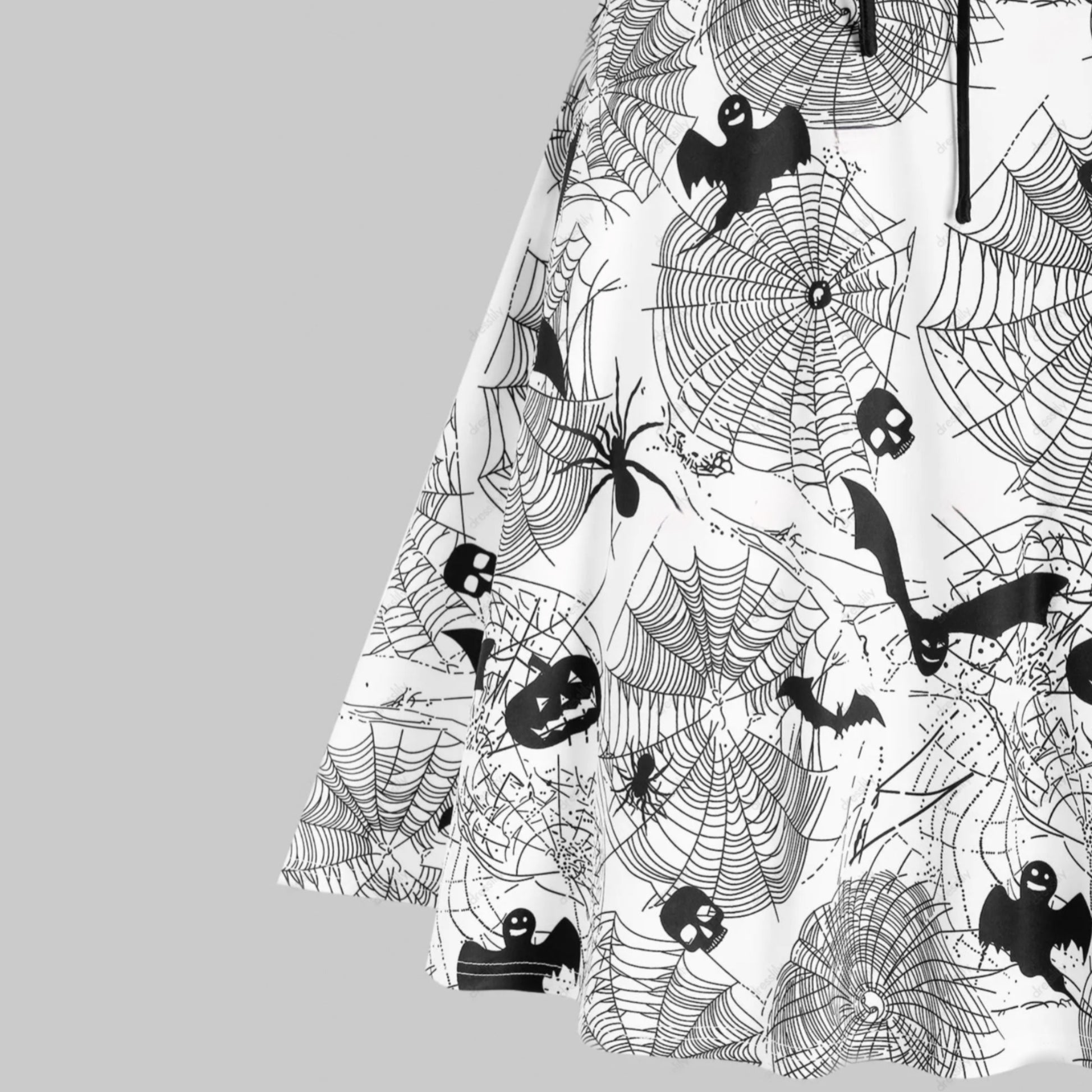 Pumpkin Bat Spider Web Print Lace-Up Long Sleeve Dress - A Gothic Universe - Dresses