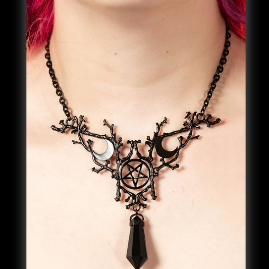 Forrest Spirit Necklace Black Pentagram Pendant, Hanging Crystal Charm
