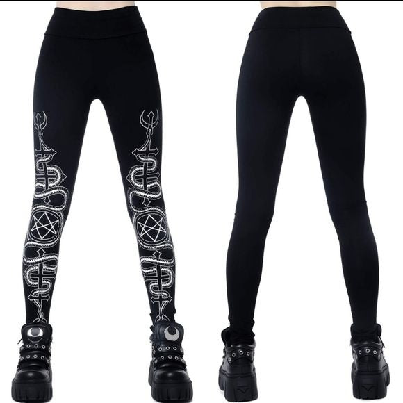 Haxa Leggings | Black Wide Waistband Contrasting Graphic Soft Cotton - Killstar - Leggings