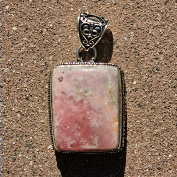 Natural Rhodochrosite Pendant | 9CTW S925 Handmade Antique Detailing Pink Silver - Artisan - Necklaces