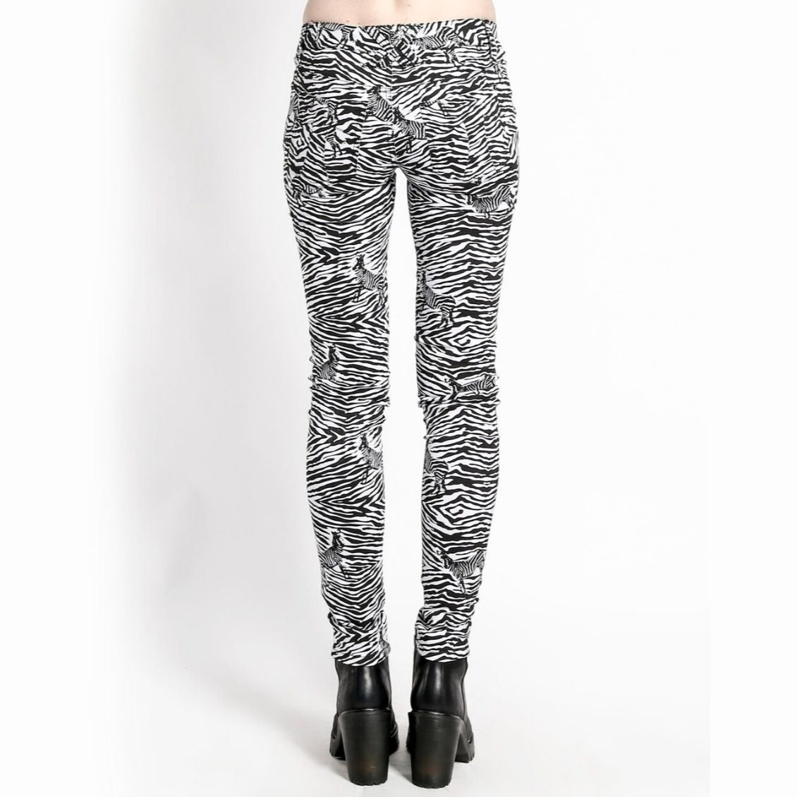 Zebra Print Skinny Jeans Womens T-Back Pockets Skull Rivets - Tripp NYC - Jeans