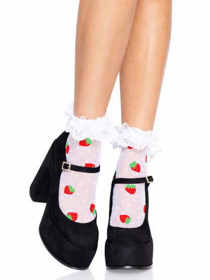 Strawberry Ruffle Anklets - Kawaii Ankle Socks by Leg Avenue -  - Ankle Socks