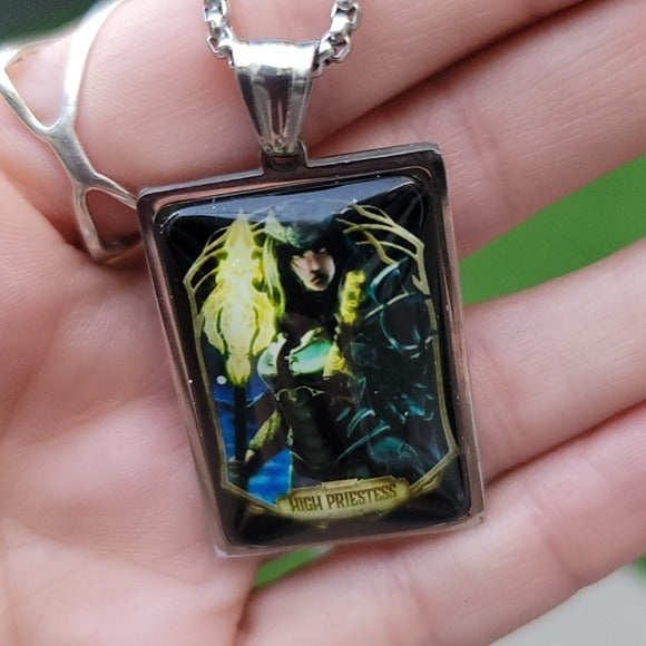 Tarot Card "High Priestess" | Fire Witch 23½" Stainless Steel Necklace - A Gothic Universe - Necklaces