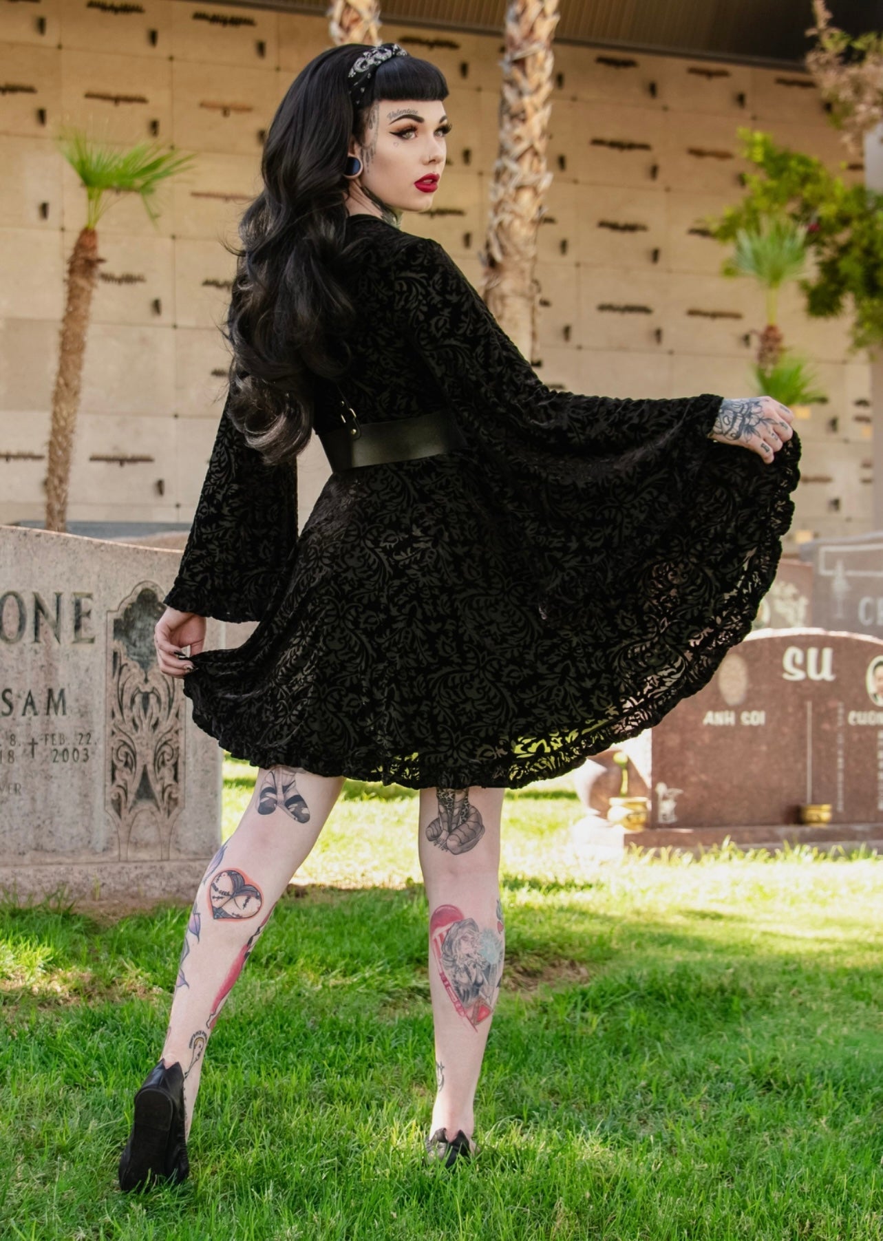 Nyx - Bell Sleeved Velvet Damask Dress with Harness - READY TO SHIP! -  - 