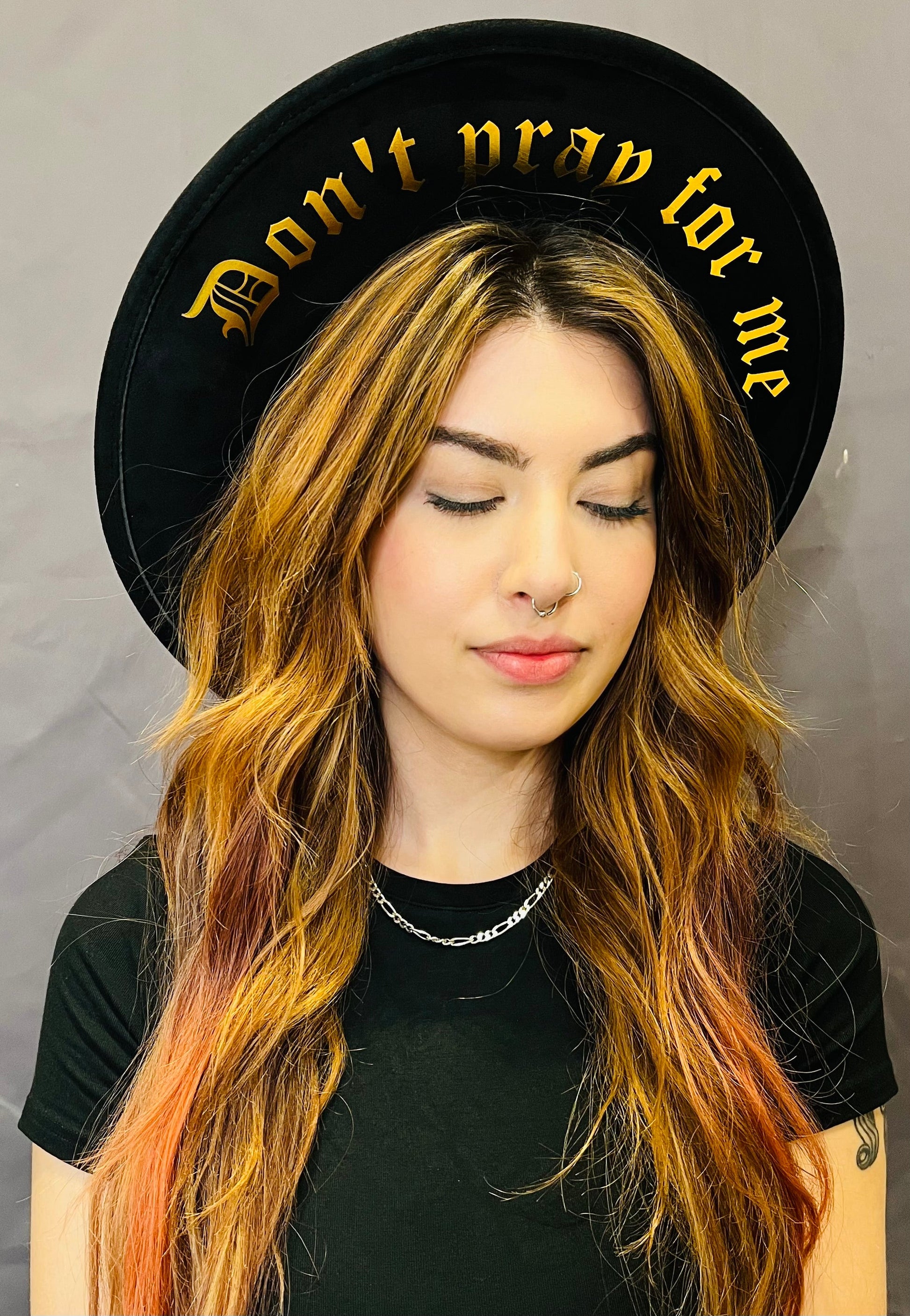 Vegan SUEDE Wide Brim Hat - XL Brim - Foiled Don't pray for me. -  - 