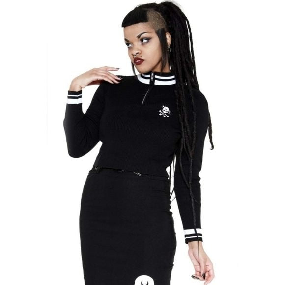 Wretched Sweater | Black Cotton White Contrast Skull Embroidery Zip - Killstar - Sweaters