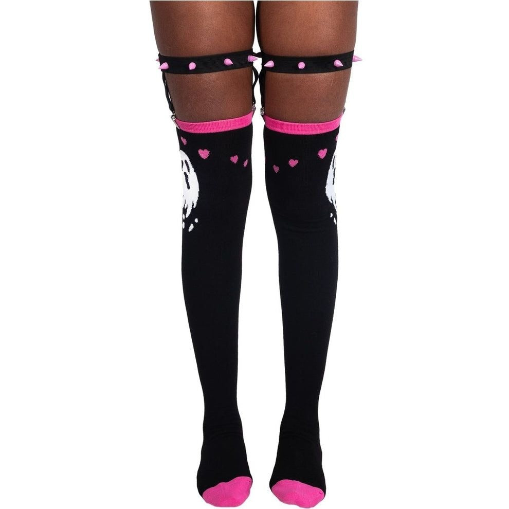 Ghost Hearts Black & Pink Thigh High Garter Socks OS