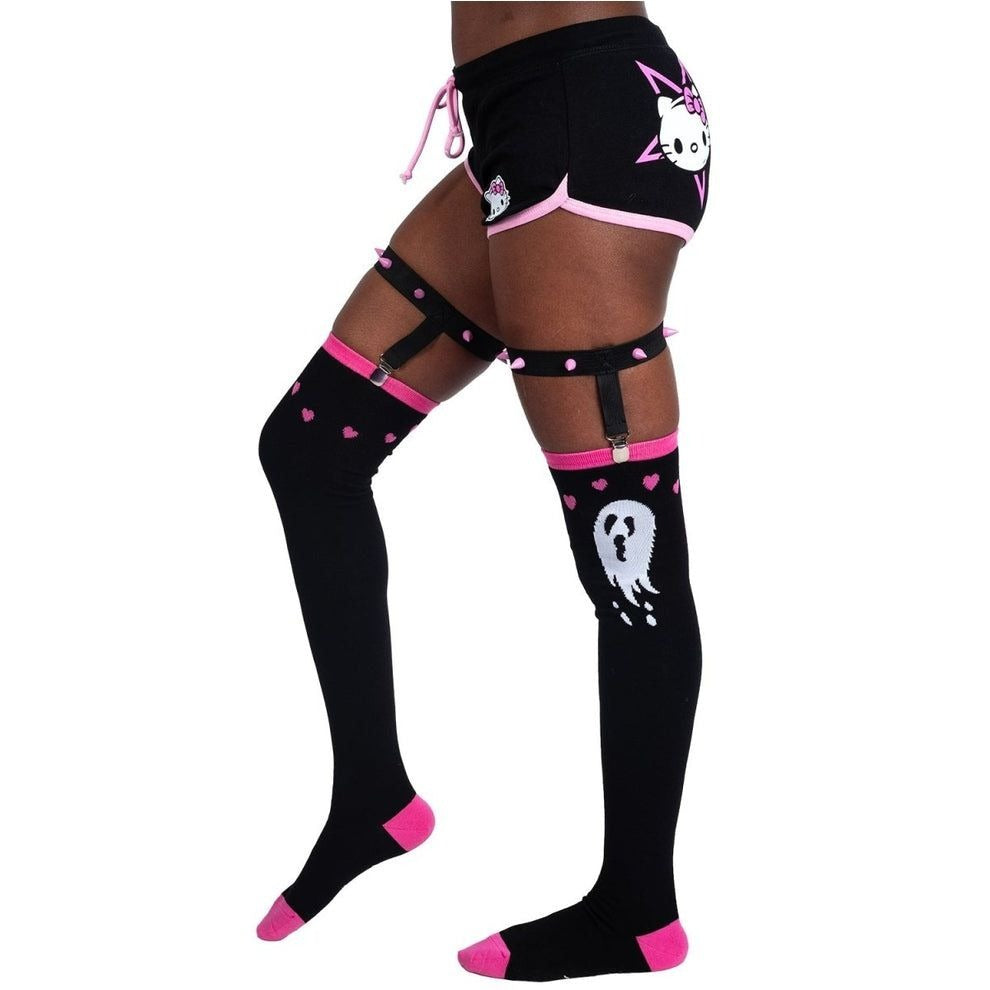 Ghost Hearts Black & Pink Thigh High Garter Socks OS