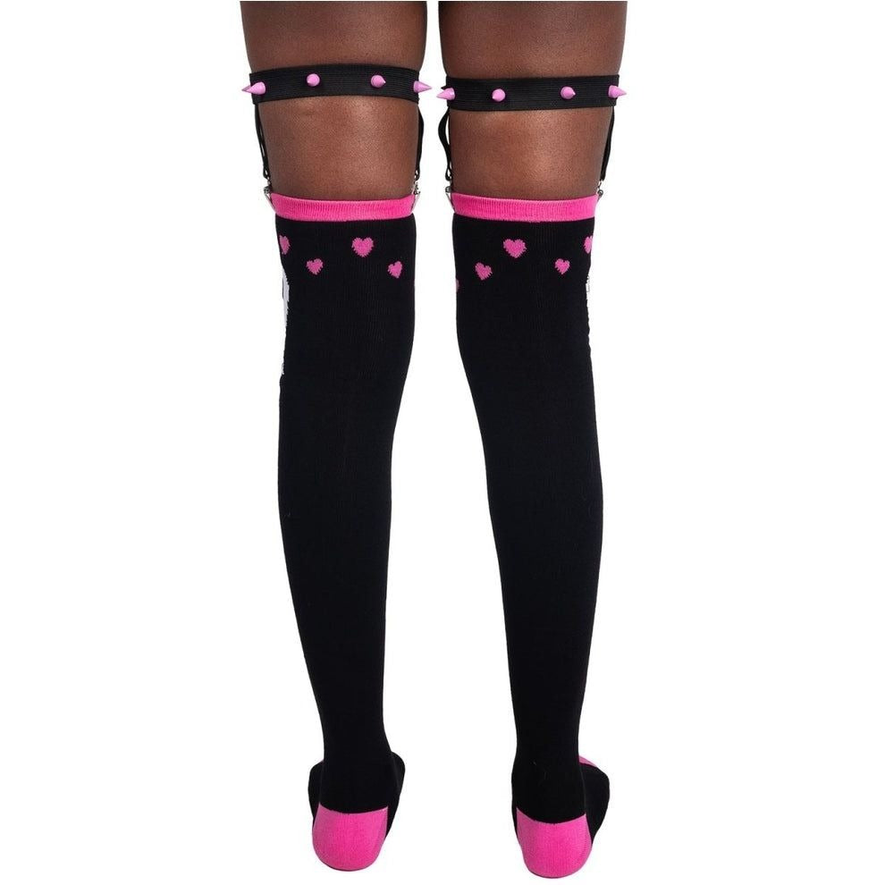 Ghost Hearts Black & Pink Thigh High Garter Socks OS