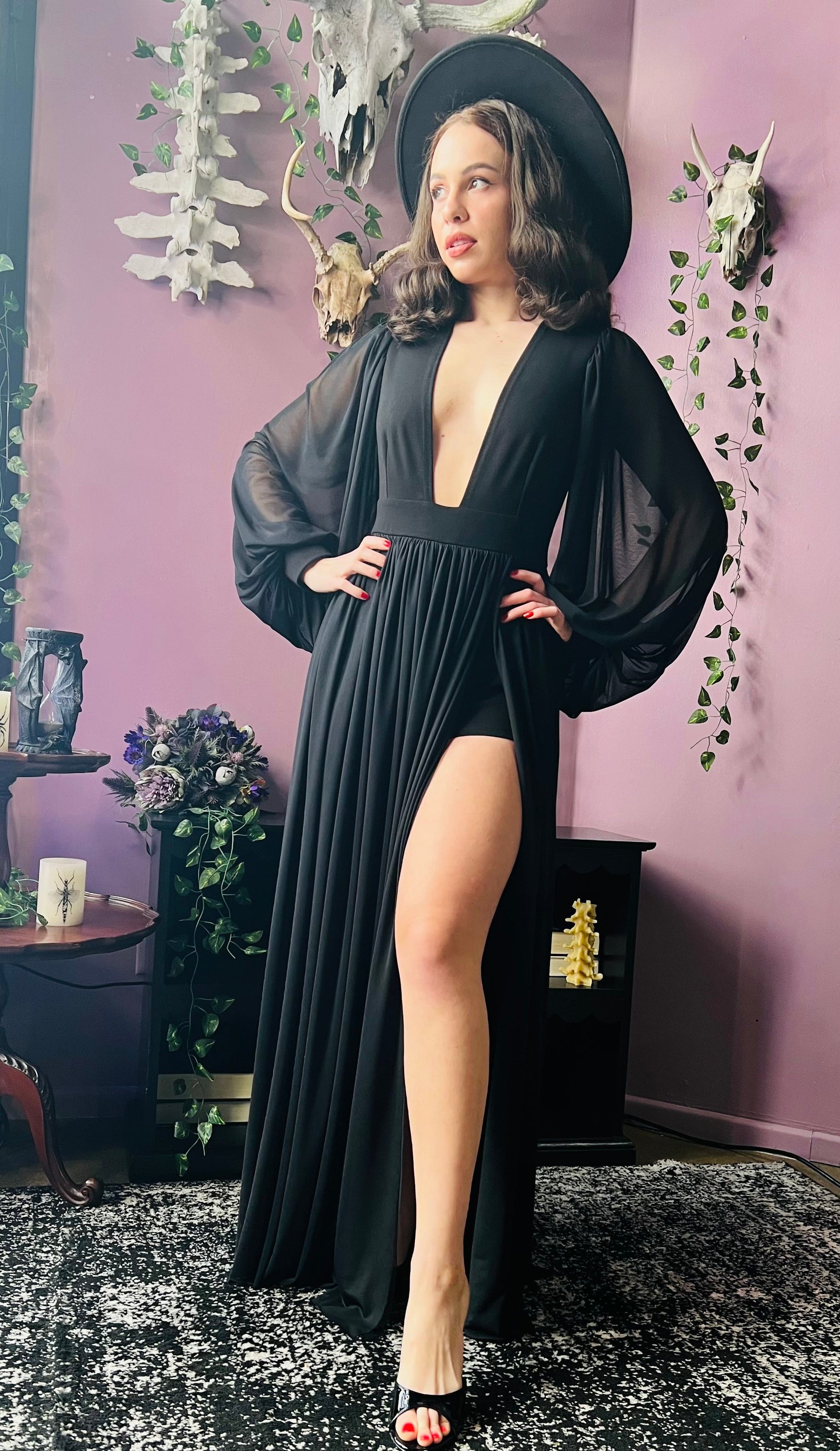 Minerva - Hauntingly Dramatic Mesh Maxi Dress with Built In Shorts  - READY TO SHIP -  - 