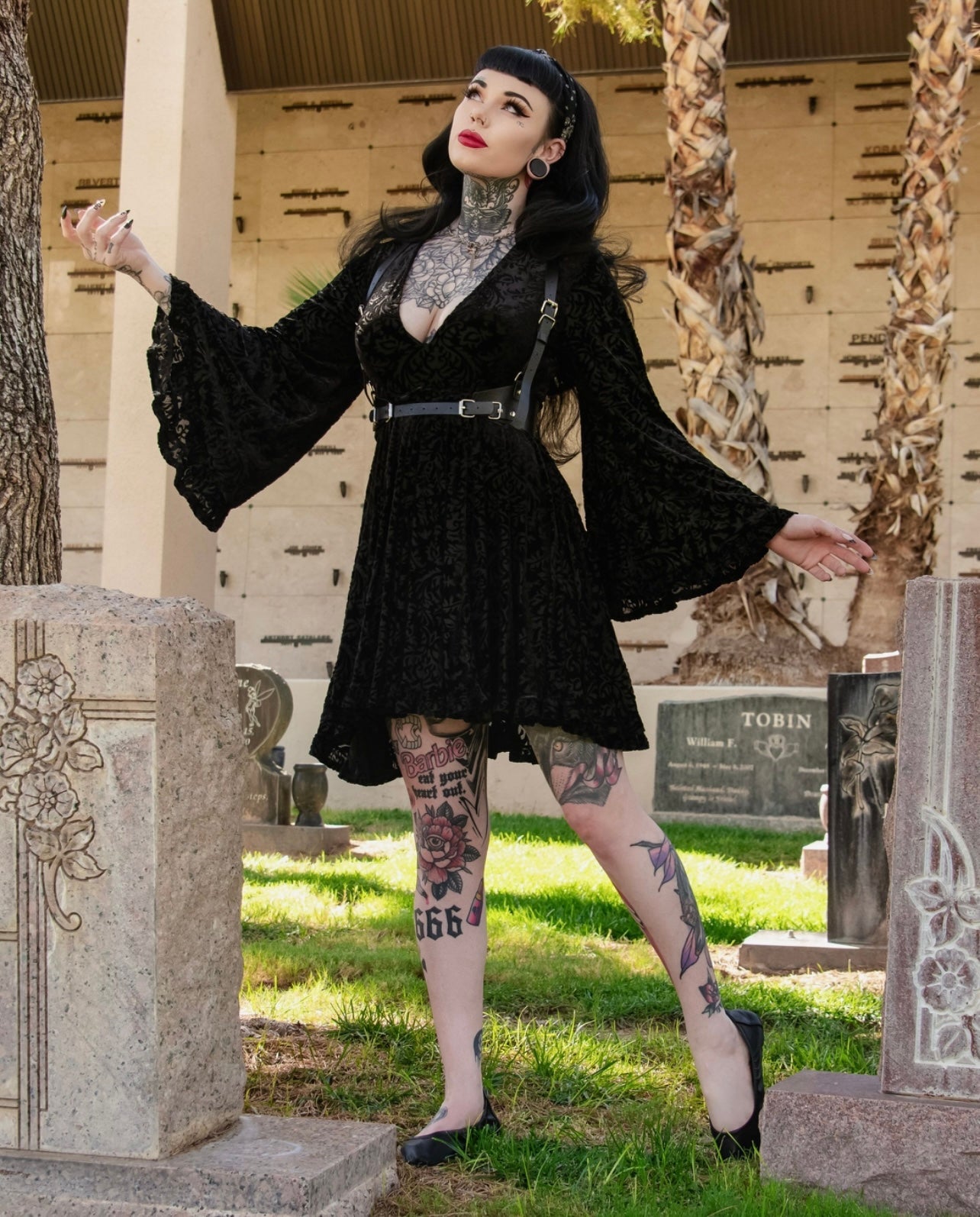 Nyx - Bell Sleeved Velvet Damask Dress with Harness - READY TO SHIP! -  - 