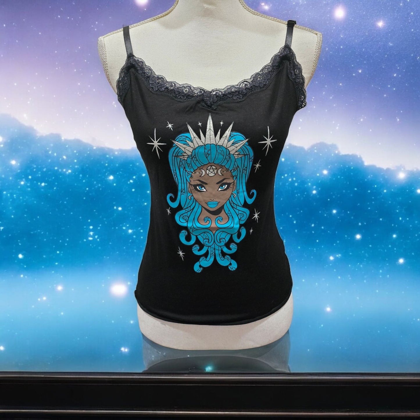 Black Lace Trim Camisole With A Mystical Goddess Graphic -  - Tops