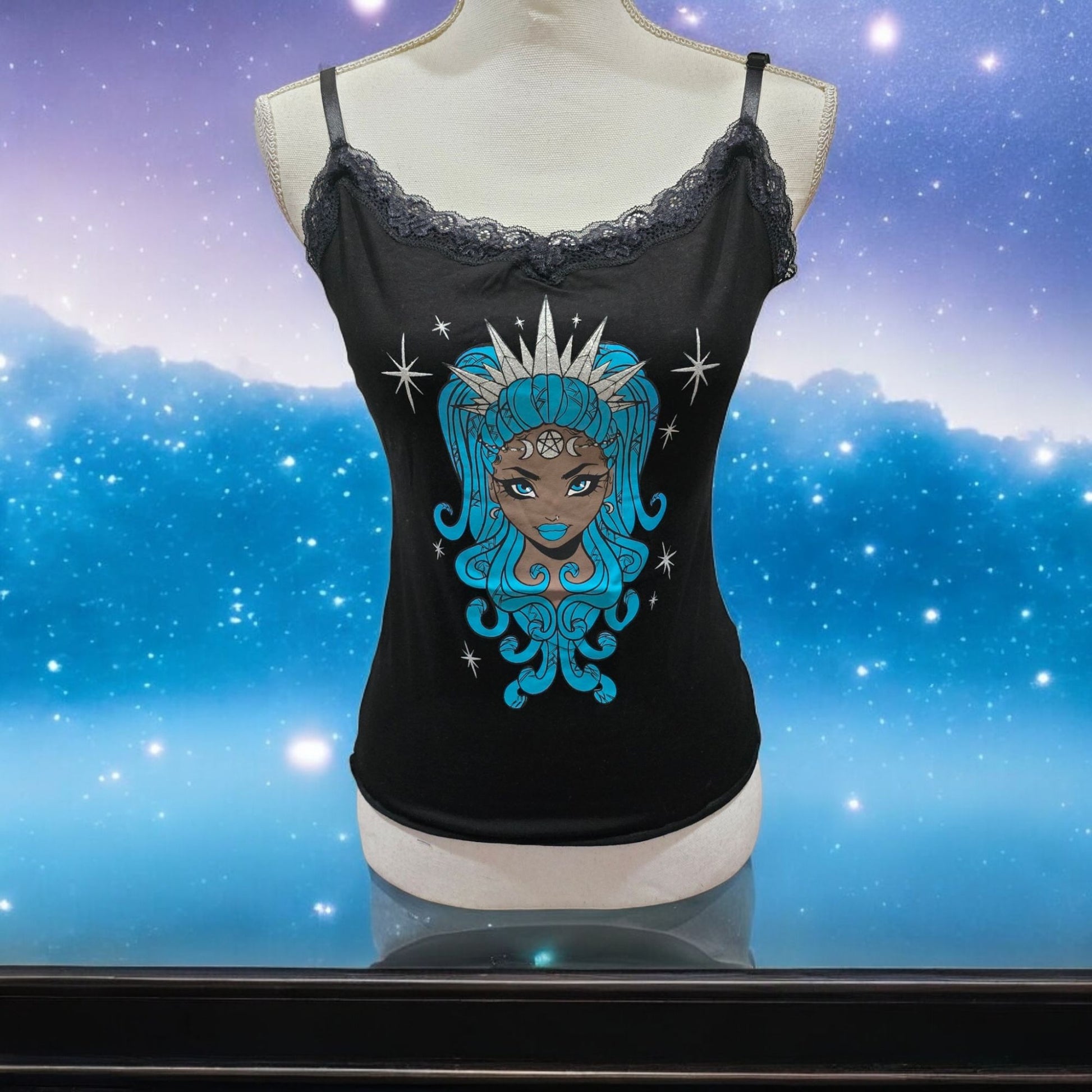 Black Lace Trim Camisole With A Mystical Goddess Graphic -  - Tops
