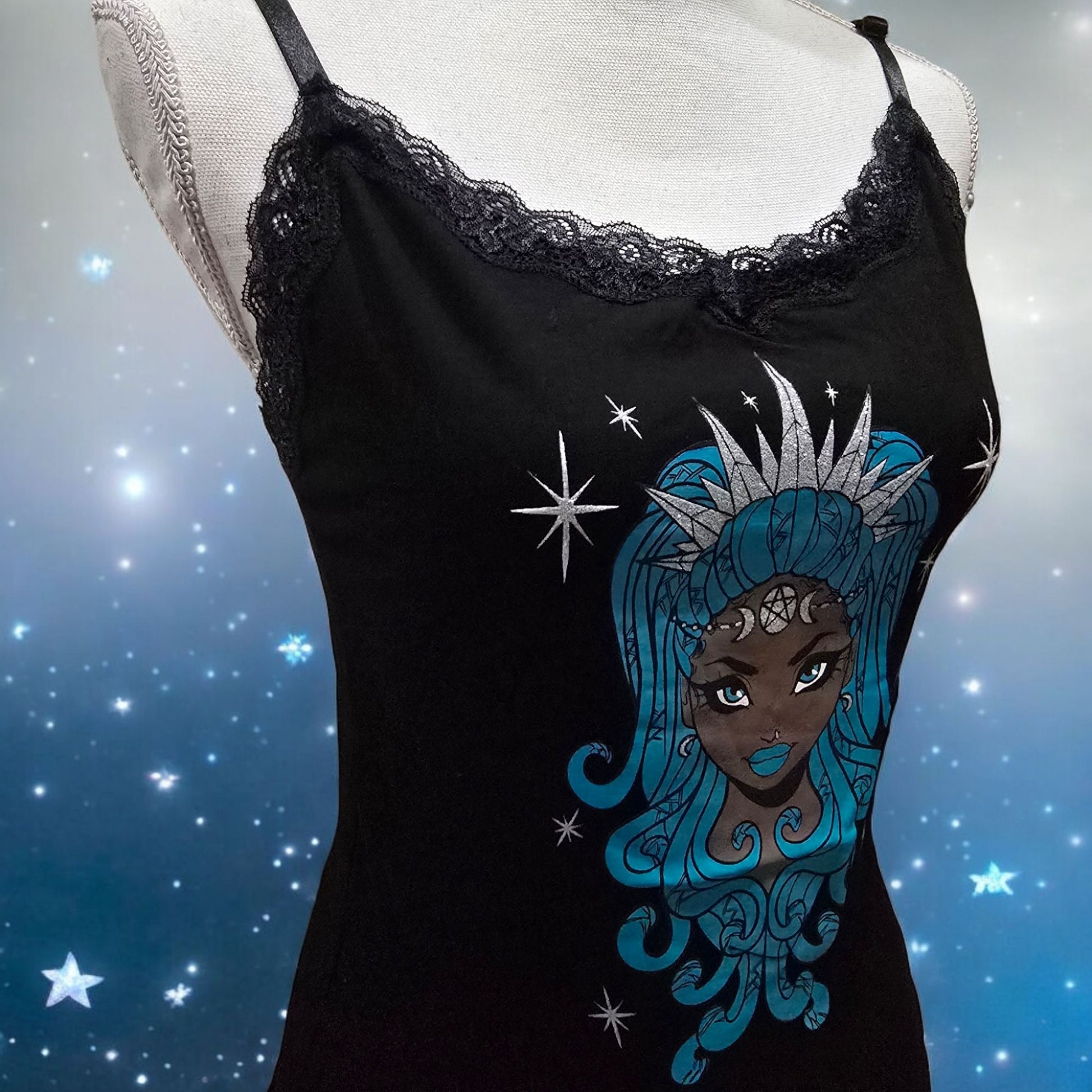 Black Lace Trim Camisole With A Mystical Goddess Graphic -  - Tops