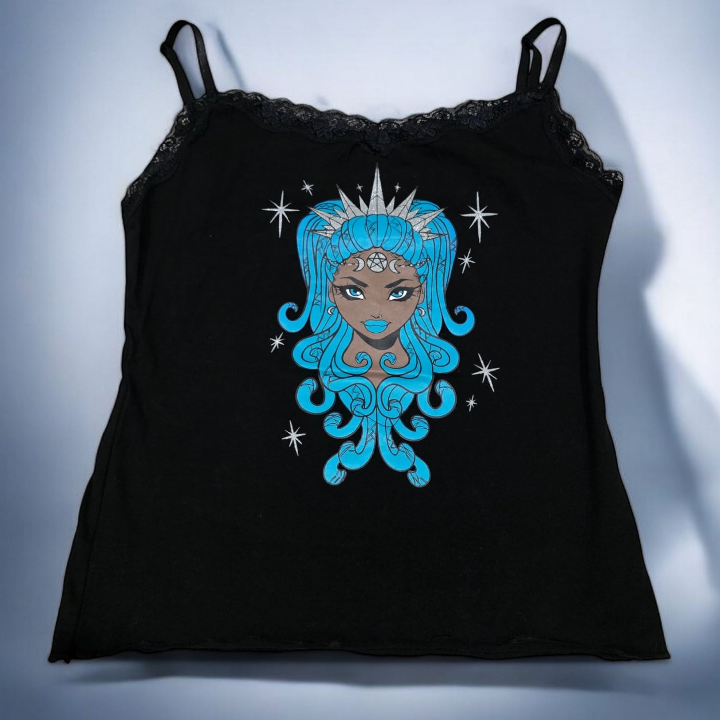 Black Lace Trim Camisole With A Mystical Goddess Graphic -  - Tops