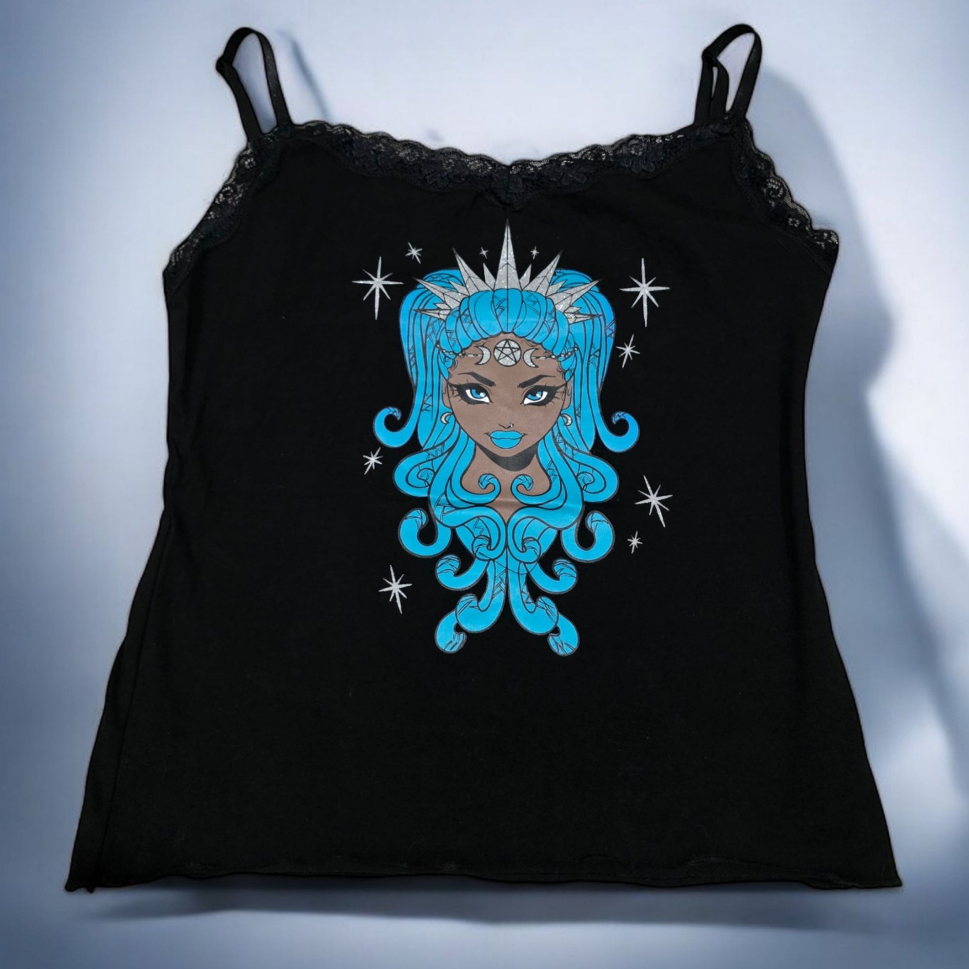 Black Lace Trim Camisole With A Mystical Goddess Graphic -  - Tops
