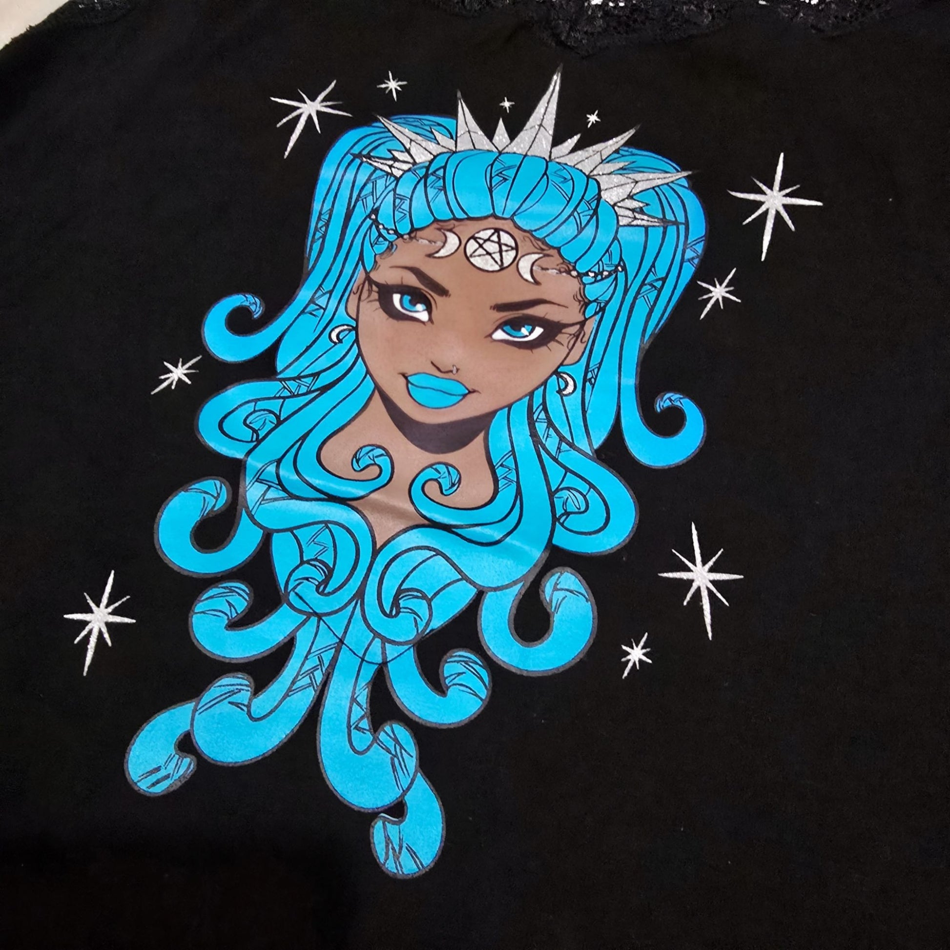 Black Lace Trim Camisole With A Mystical Goddess Graphic -  - Tops