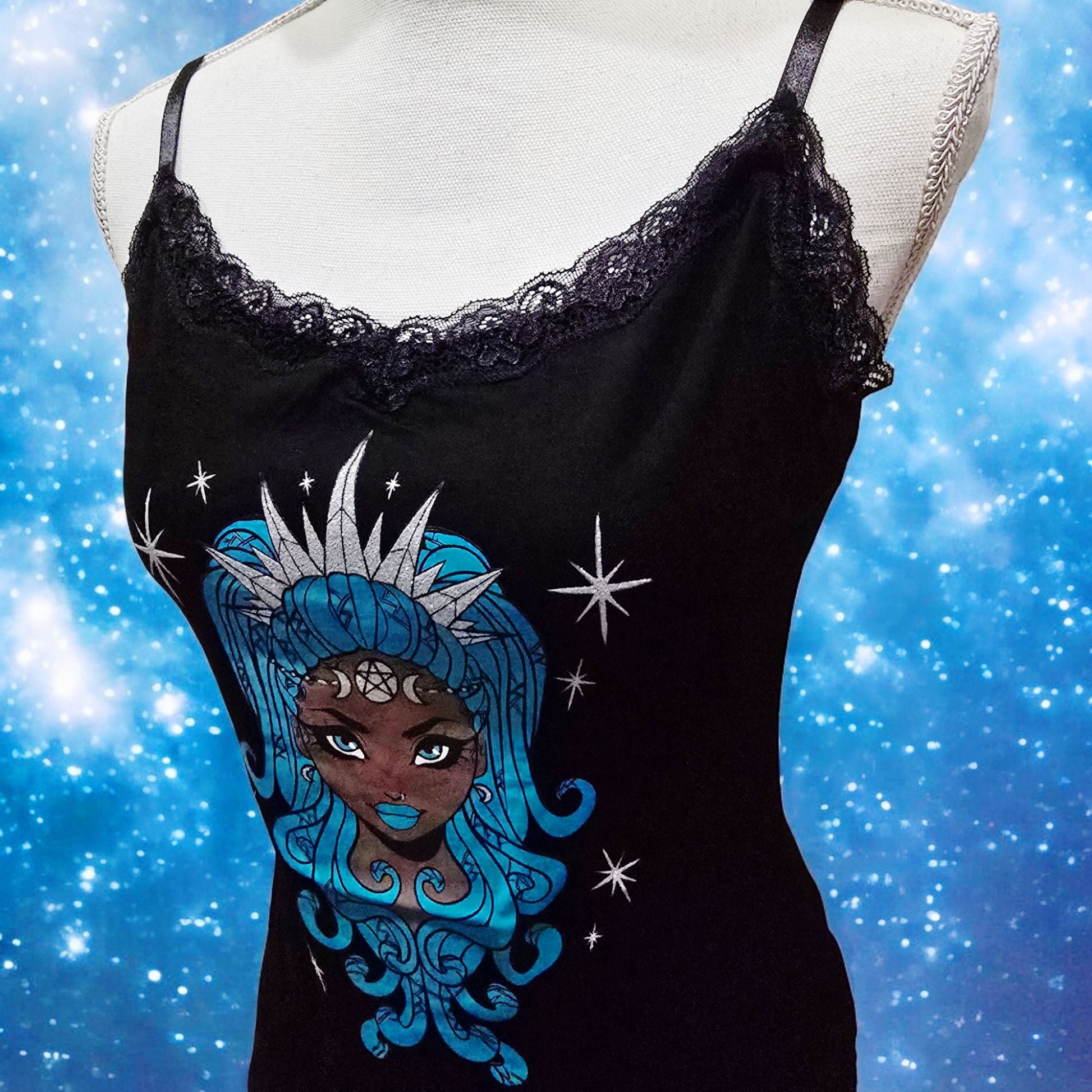 Black Lace Trim Camisole With A Mystical Goddess Graphic -  - Tops