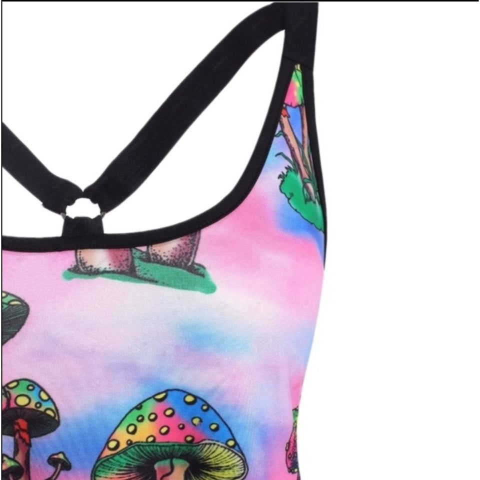 Mushroom Print O-Ring Strappy Tank Dress Solid Black Back M/6 - A Gothic Universe - Dresses