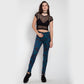 High Waisted Skinny Jeans Stretch Twill Teal Floral Print -  - Jeans
