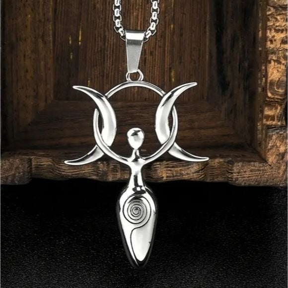 Triple Moon Goddess Necklace | Stainless Steel Shined Wiccan - A Gothic Universe - Jewelry