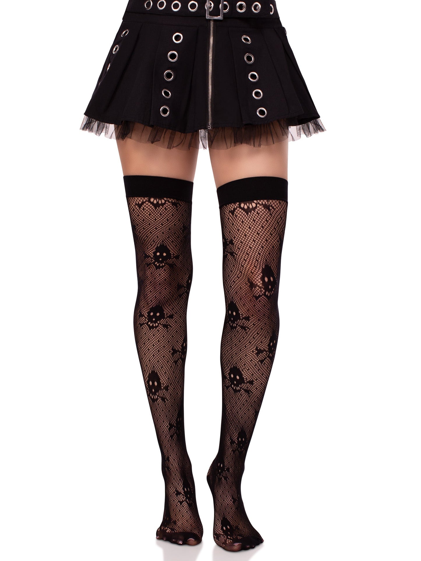 Skull Net Thigh Highs - Gothic Fishnet Stockings - Pirate Costume Hosiery