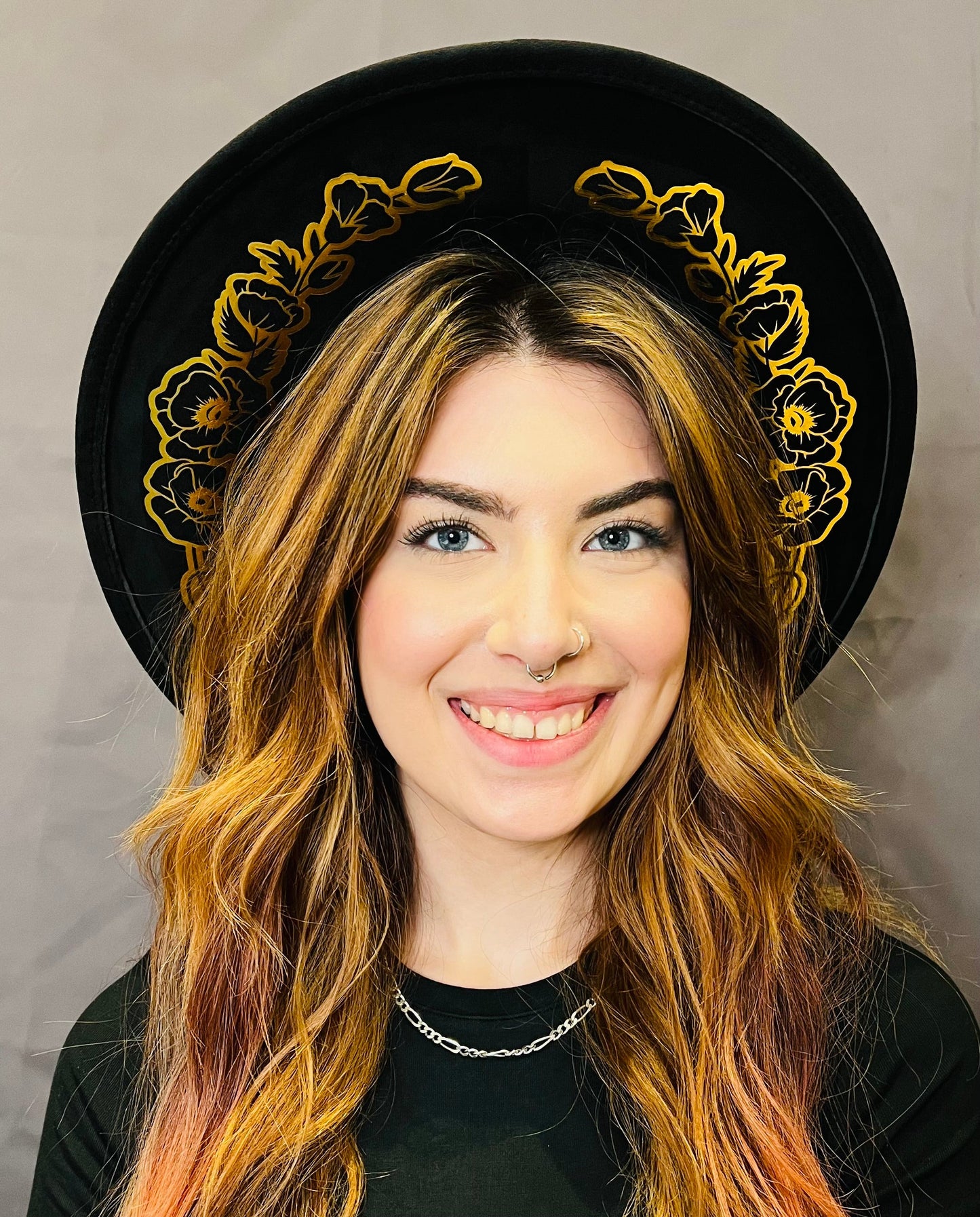Vegan SUEDE Wide Brim Hat - XL Brim - Foiled Poppies -  - 