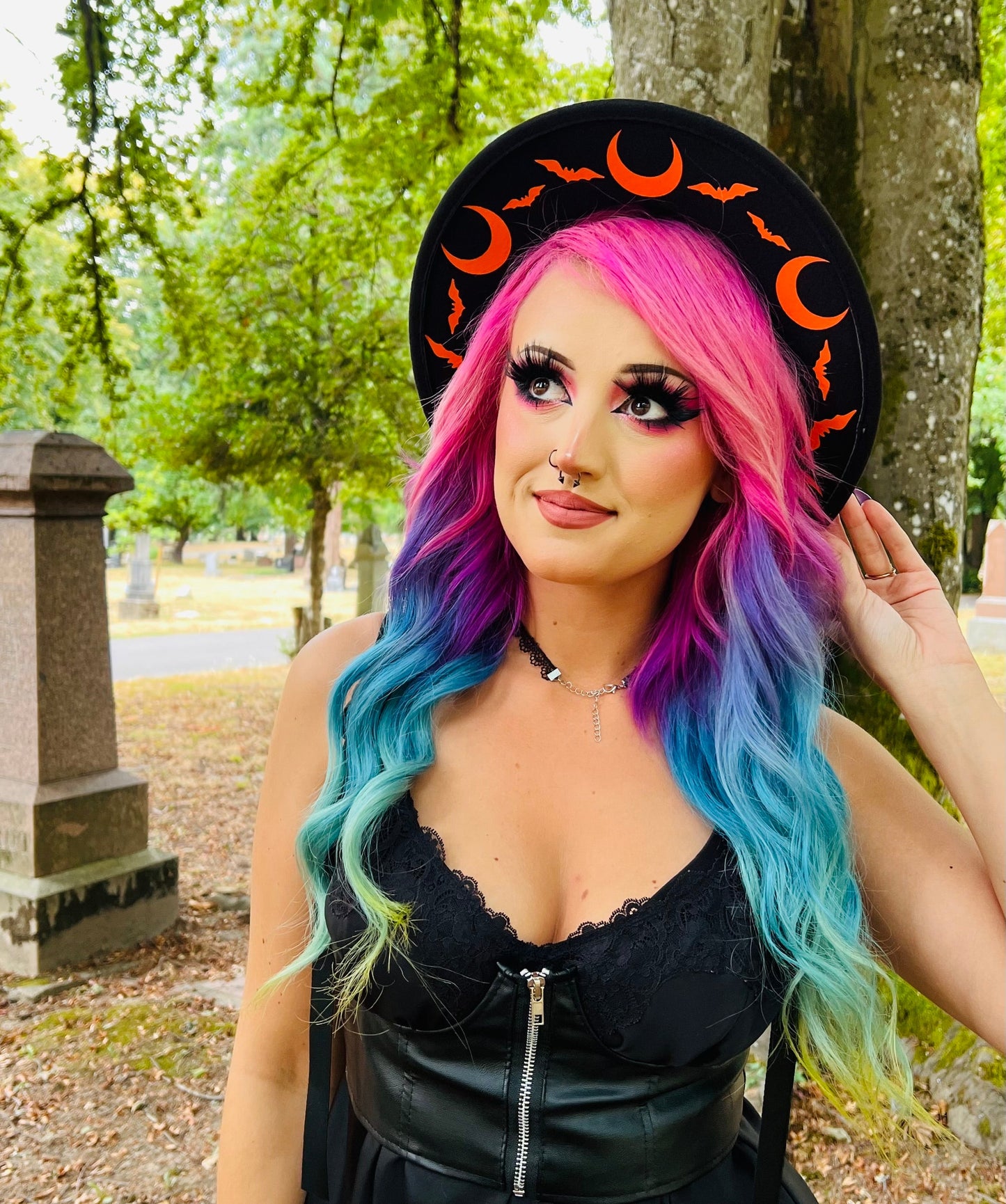 Vegan Felt Wide Brim Hat - "Orange Bat Moon" -  - 