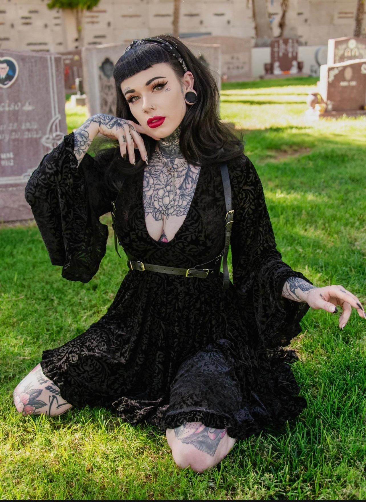 Nyx - Bell Sleeved Velvet Damask Dress with Harness - READY TO SHIP! -  - 