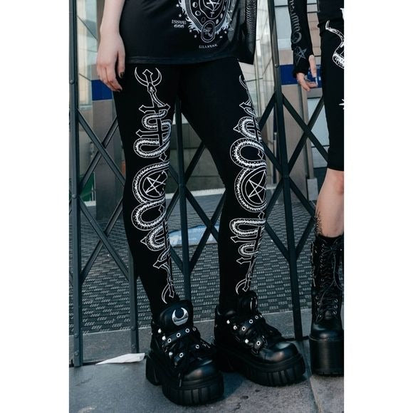Haxa Leggings | Black Wide Waistband Contrasting Graphic Soft Cotton - Killstar - Leggings