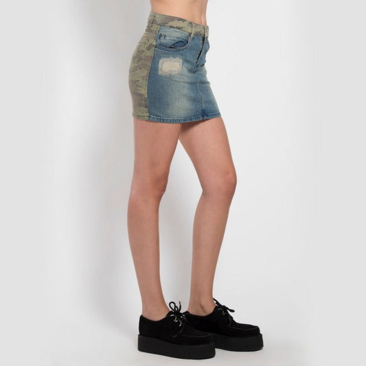 Split Front Distressed Denim & Camo Twill Skirt - Tripp NYC - Skirt