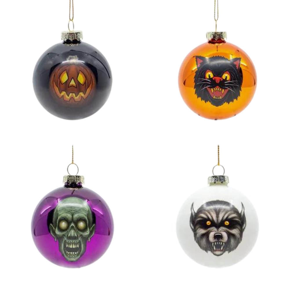 Ghoulish Glass Ornaments 4 Pack - Halloween Glass Baubles - Spooky Christmas Decorations