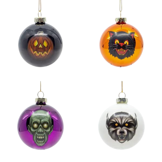 Ghoulish Glass Ornaments 4 Pack - Halloween Glass Baubles - Spooky Christmas Decorations