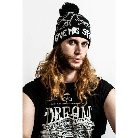 Give Me Space Beanie | Black/Grey Cotton Bobble Top Unisex - Killstar - Beanies