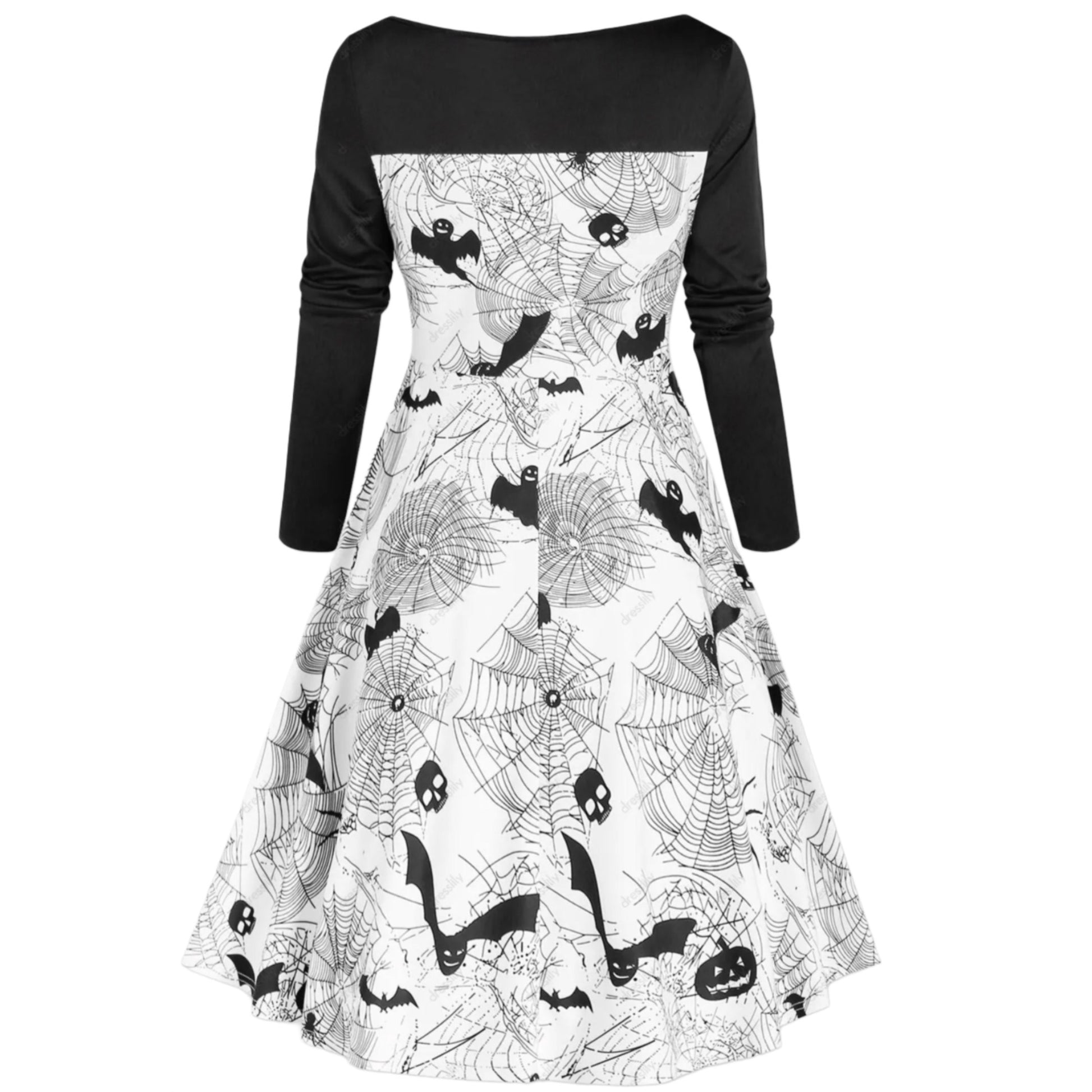 Pumpkin Bat Spider Web Print Lace-Up Long Sleeve Dress - A Gothic Universe - Dresses