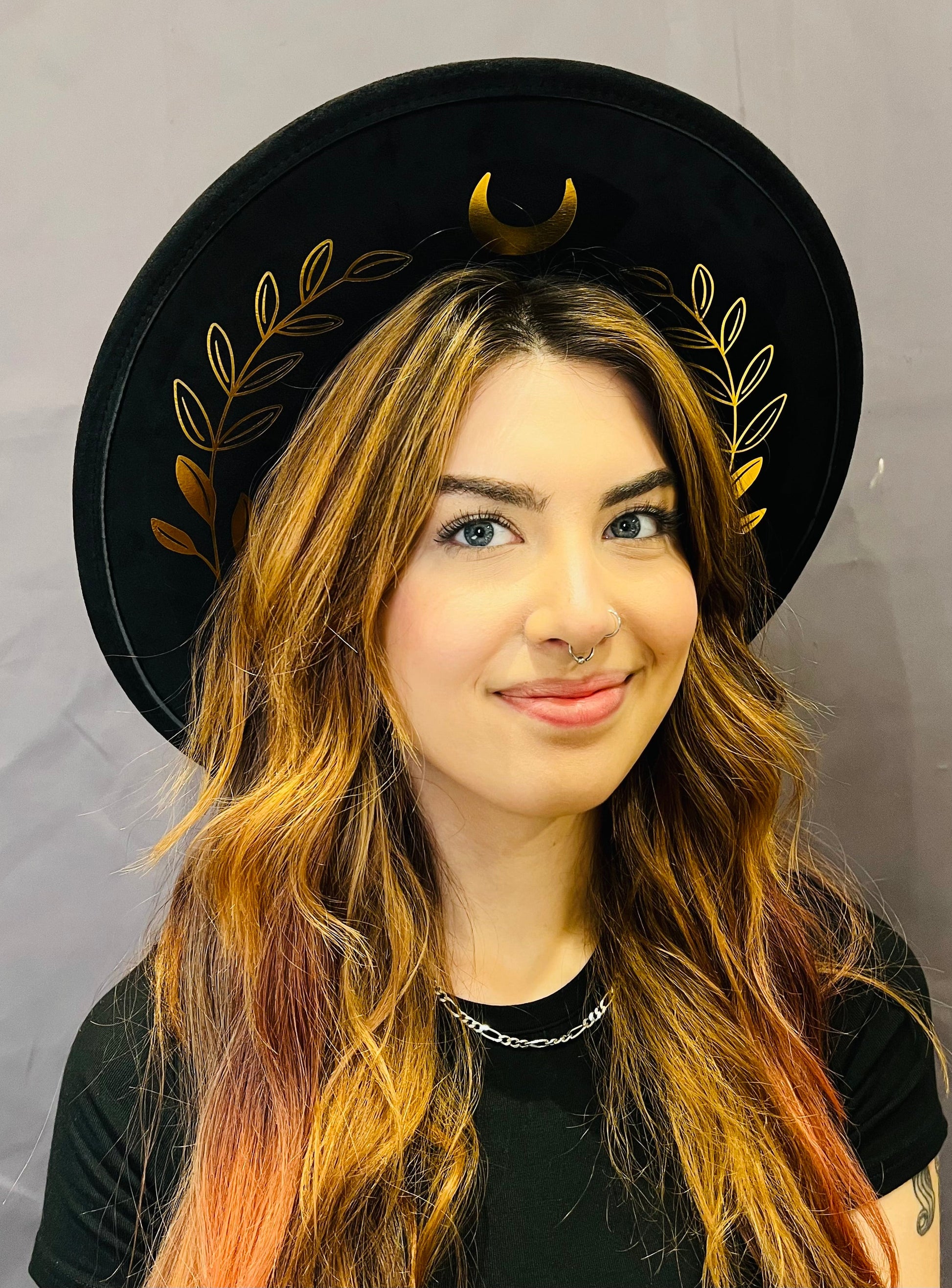 Vegan SUEDE Wide Brim Hat - XL Brim - Foiled Fern Moon -  - 