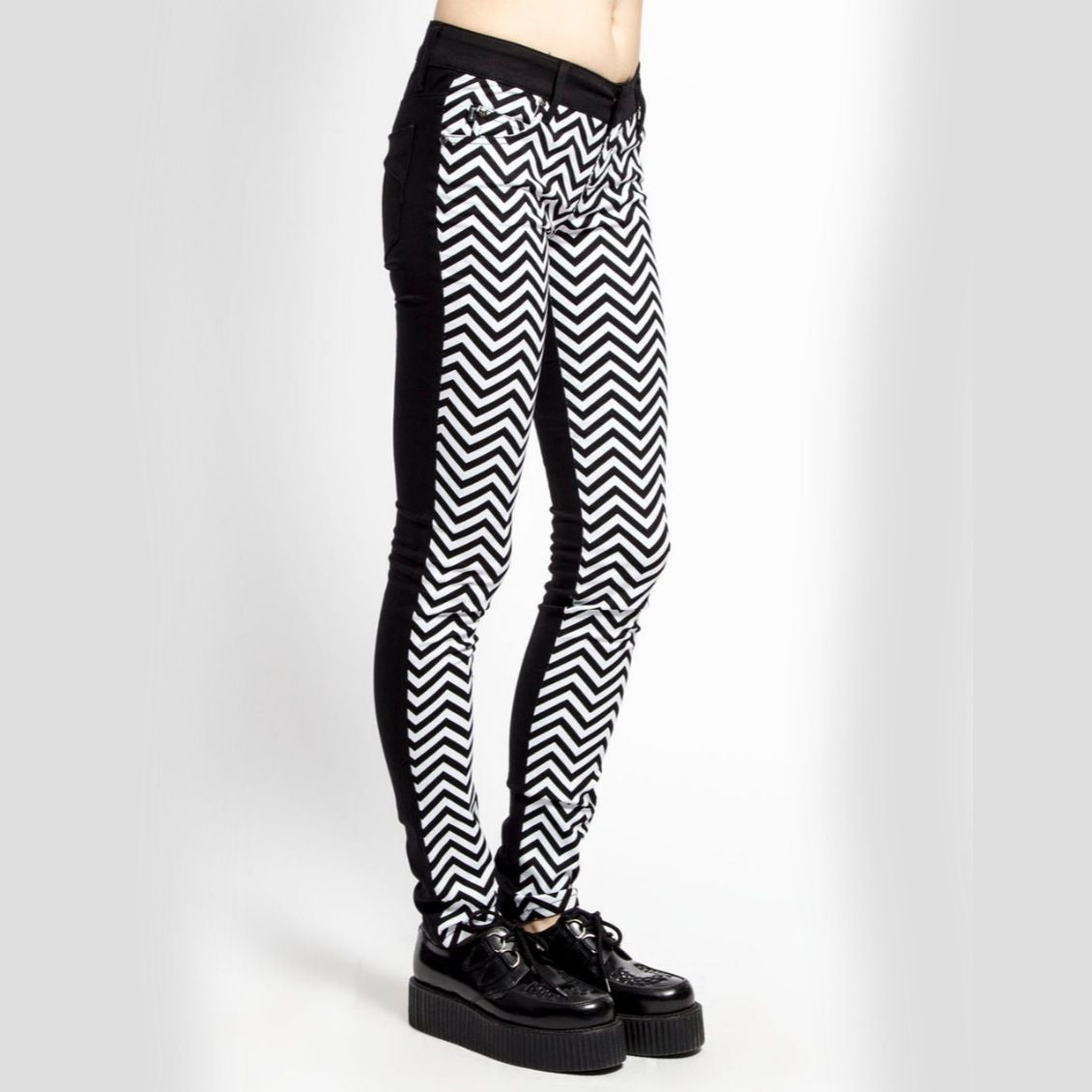 Zig Zag Skinny Jeans Black White Skinny Fit Button Closure Skull Rivet - Tripp NYC - Jeans