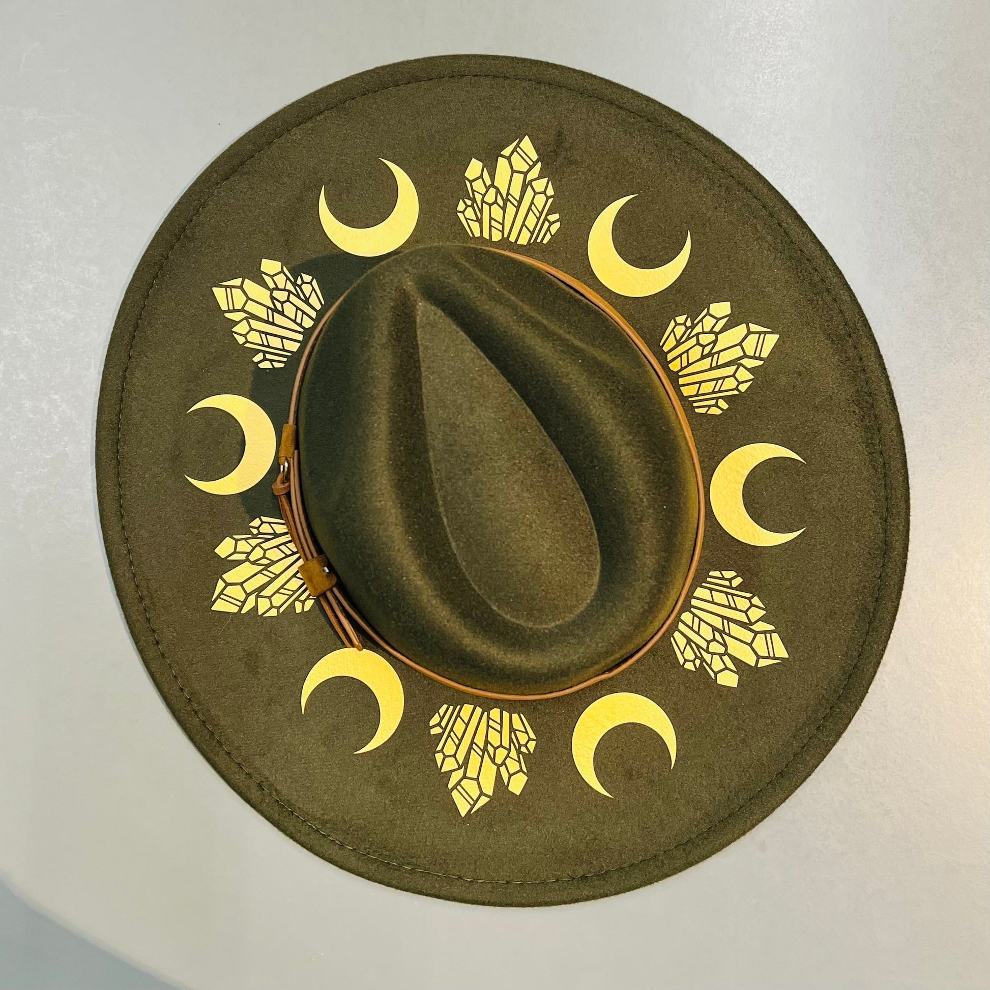 Fox & Fable - Vegan Felt Wide Brim Hat - XL Brim - Olive  - Moon & Crystals -  - 