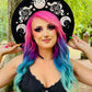 Vegan Felt Wide Brim Hat - Flat Top XL Brim - "Floral snake moon phase" -  - 