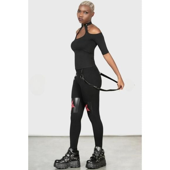 Bloodpact Leggings | Black Suspenders Red Pentagram Soft Cotton - Killstar - Leggings