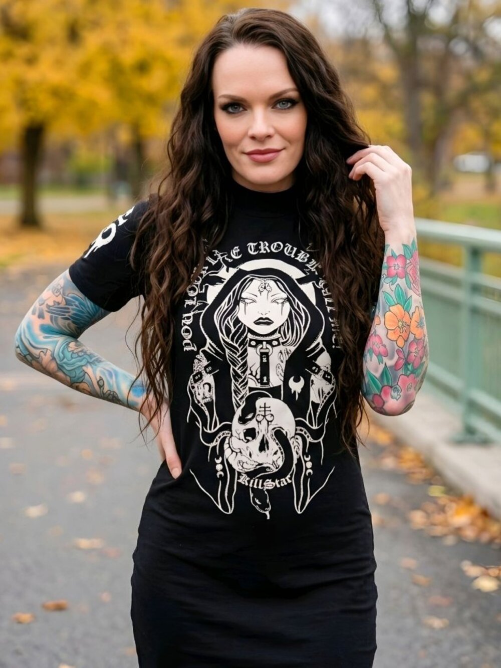 Killstar Trouble Gothic Graphic Mini Dress Black Occult Witchy T Shirt Dress S