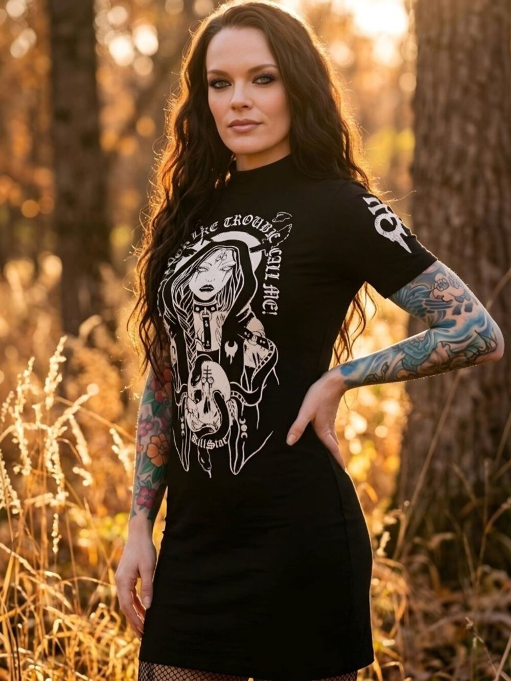 Killstar Trouble Gothic Graphic Mini Dress Black Occult Witchy T Shirt Dress S