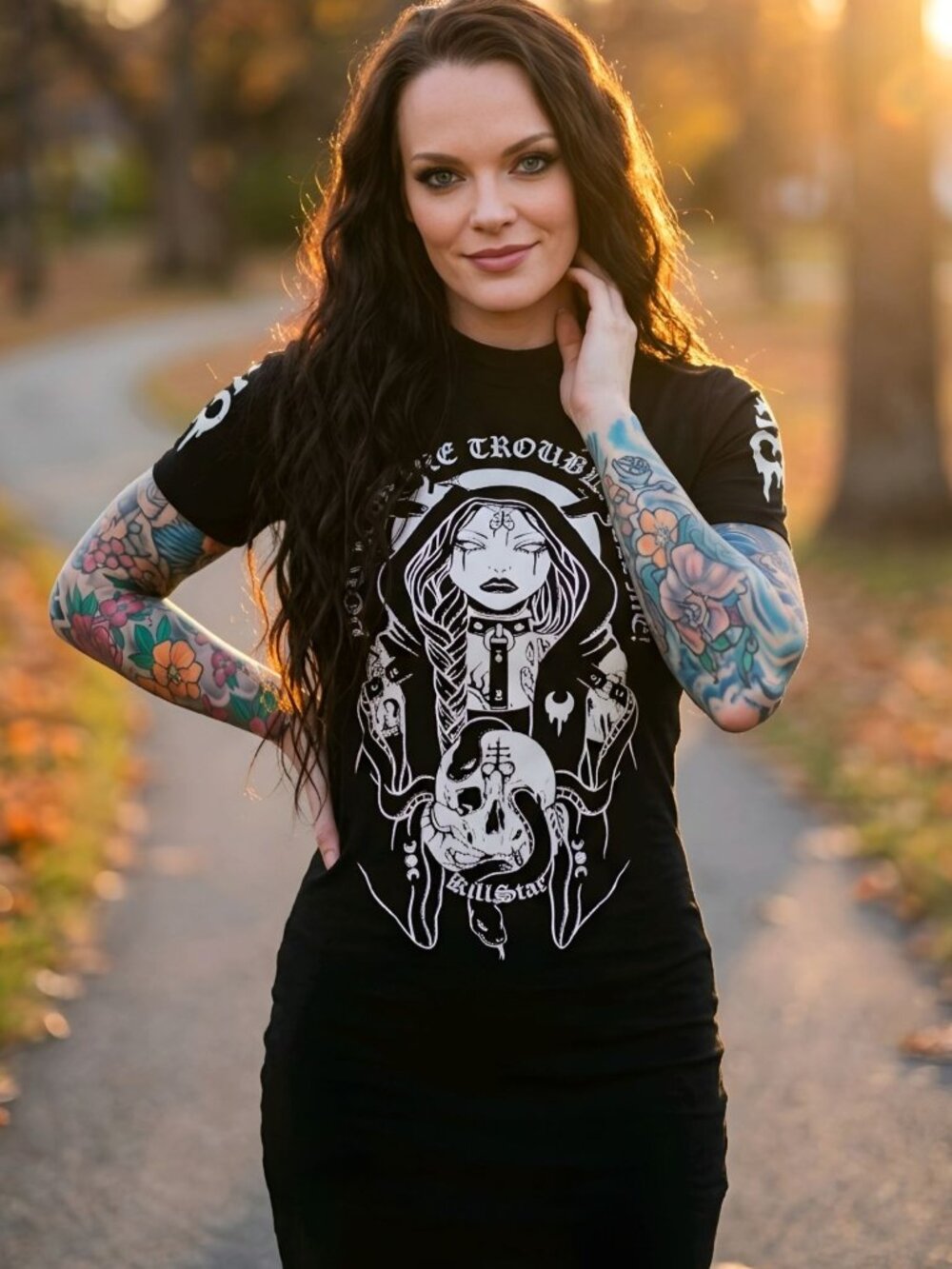 Killstar Trouble Gothic Graphic Mini Dress Black Occult Witchy T Shirt Dress S