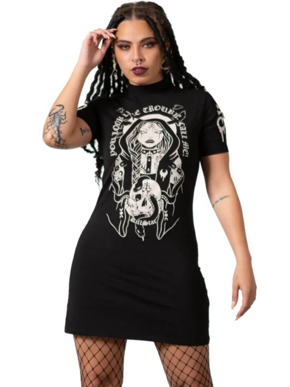 Killstar Trouble Gothic Graphic Mini Dress Black Occult Witchy T Shirt Dress S
