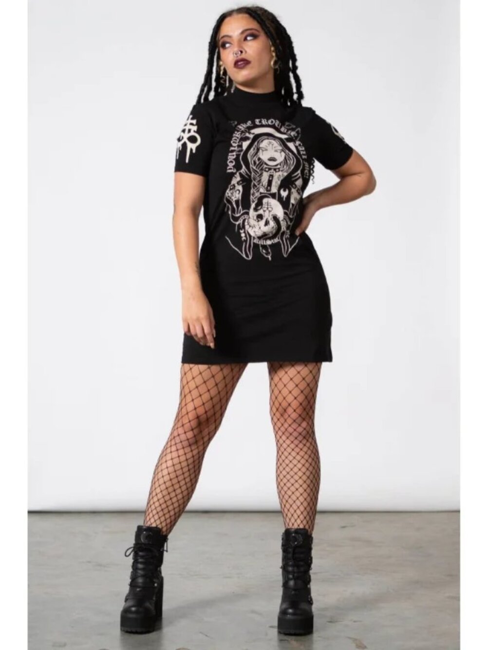 Killstar Trouble Gothic Graphic Mini Dress Black Occult Witchy T Shirt Dress S