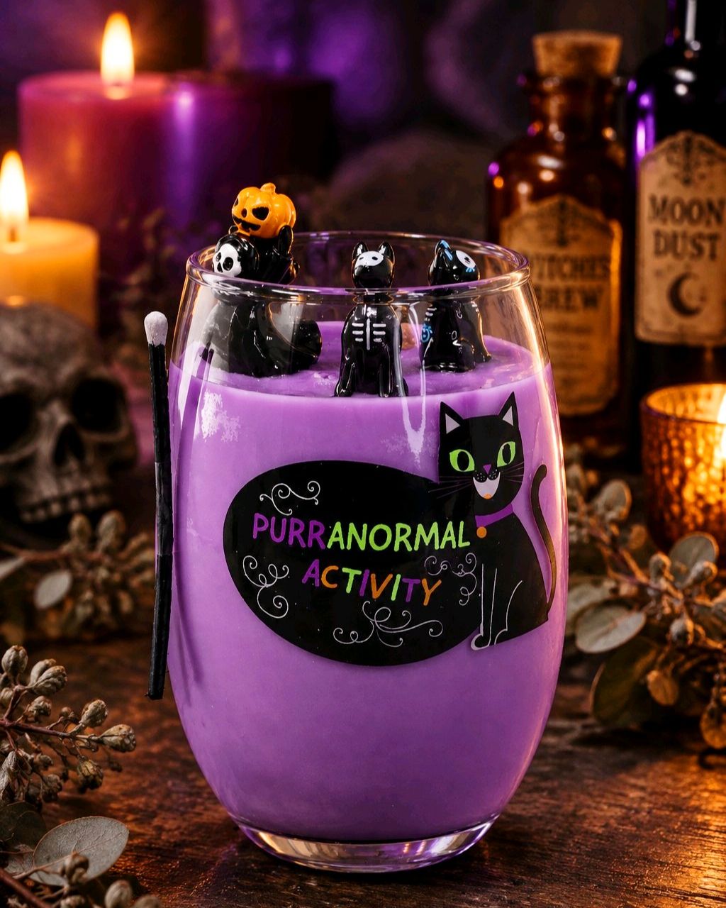 Artisan One Moon Flame Purr-fect Haunt Chamomile Lavender Wine Glass Candle