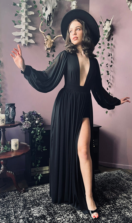 Minerva - Hauntingly Dramatic Mesh Maxi Dress with Built In Shorts  - READY TO SHIP -  - 