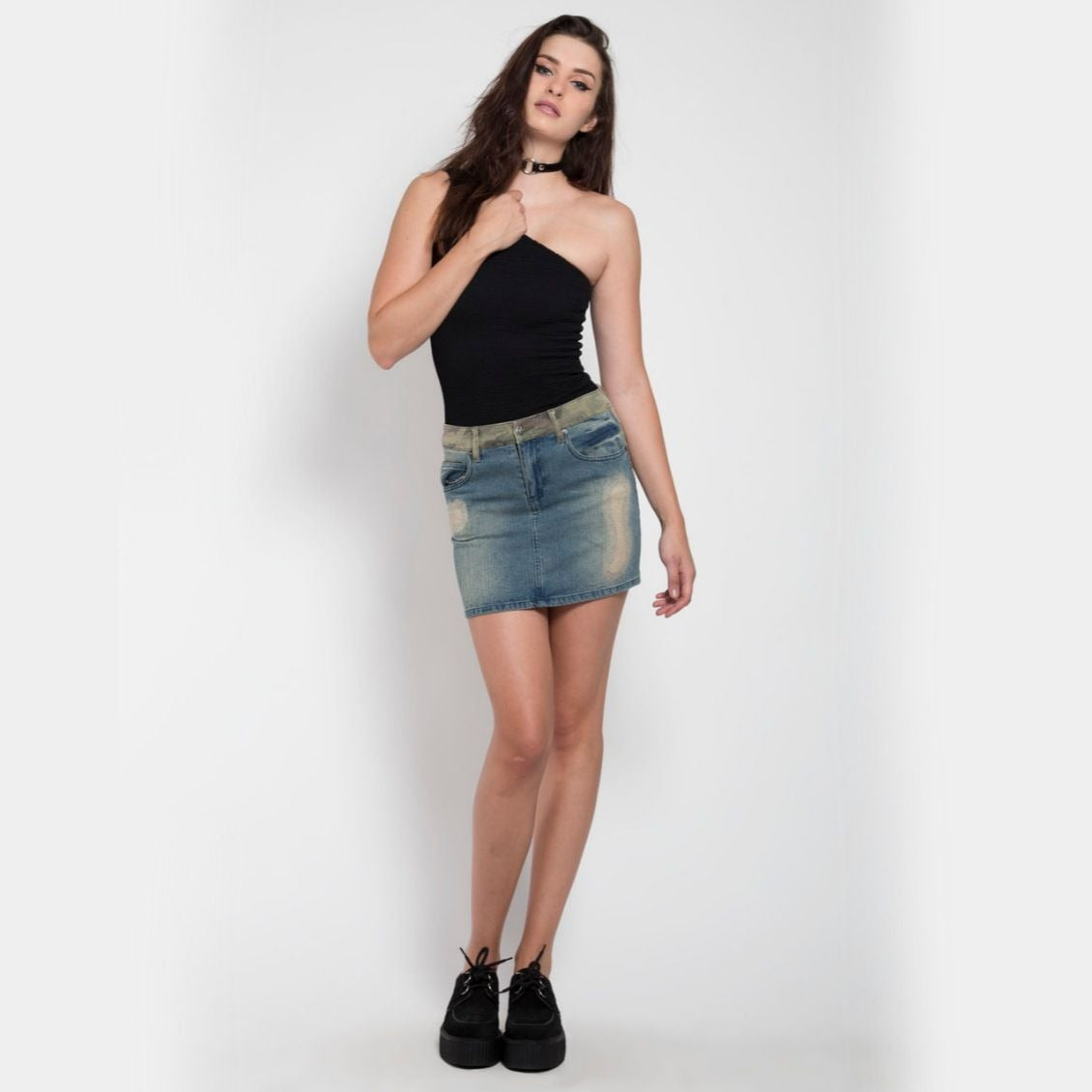 Split Front Distressed Denim & Camo Twill Skirt - Tripp NYC - Skirt