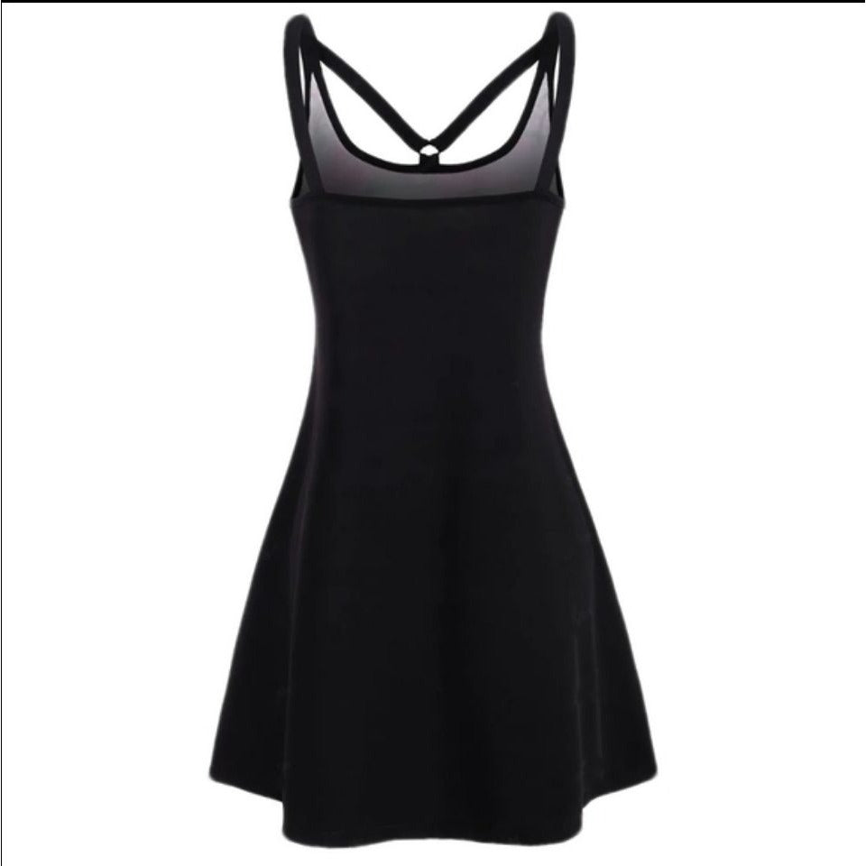 Mushroom Print O-Ring Strappy Tank Dress Solid Black Back M/6 - A Gothic Universe - Dresses